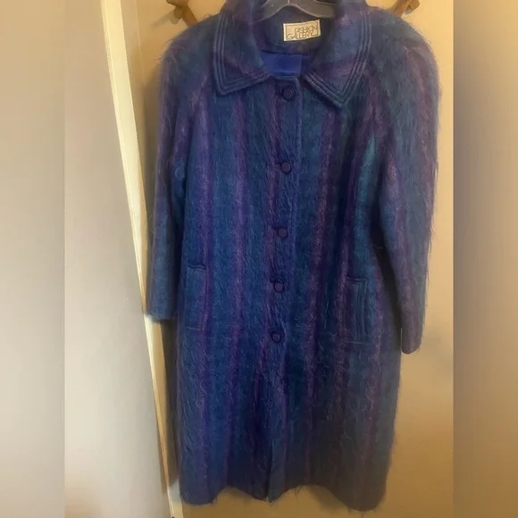 Fashion Gallery Blue Purple Mohair Wool Plaid Longline Coat M - Picture 4 of 14
